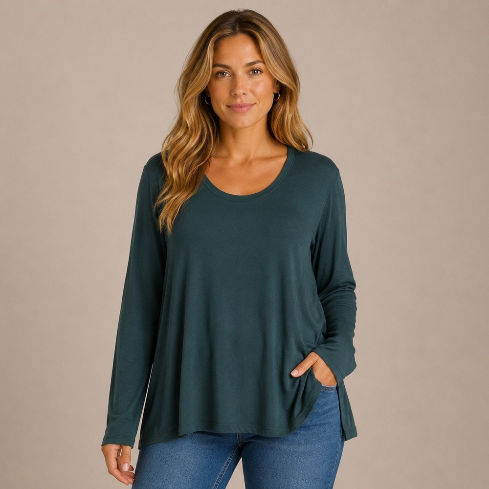 H by Halston Essentials Womens L Green Long Sleeve Scoop Neck Tunic Top Relaxed